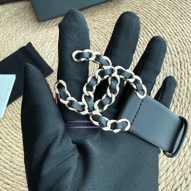 chanel 雙C黑金皮穿鏈小牛皮腰帶 尺寸：85碼 附件：盒子 塵袋 小冊子-0