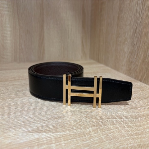 Hermes 黑拼巧克力色H au Carre雙面皮帶 H066050