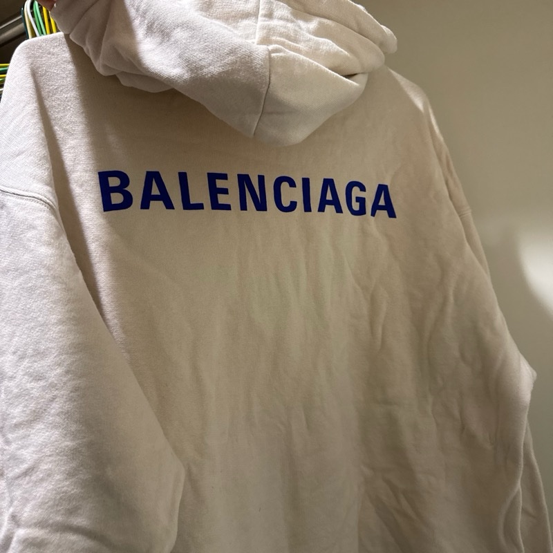 BALENCIAGA 巴黎世家 米色長袖藍色Logo連帽衛衣 帽踢帽T hoodie-3