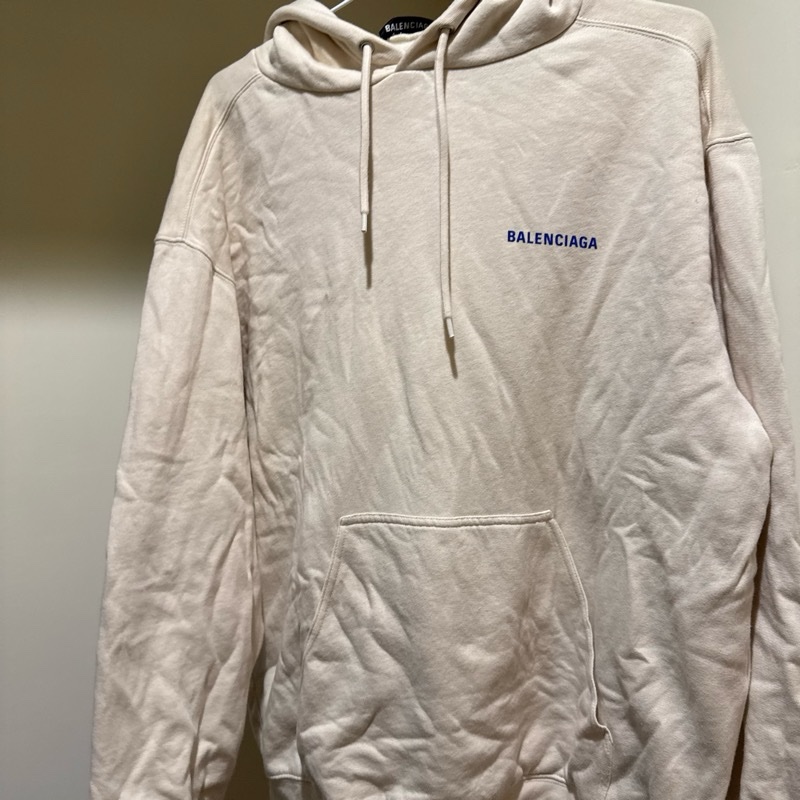 BALENCIAGA 巴黎世家 米色長袖藍色Logo連帽衛衣 帽踢帽T hoodie-4