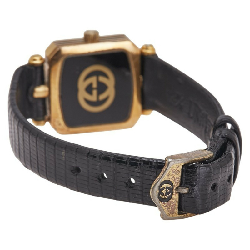 Gucci 女士石英腕錶，金色錶盤，不鏽鋼錶殼和皮革錶帶（非原廠）-2
