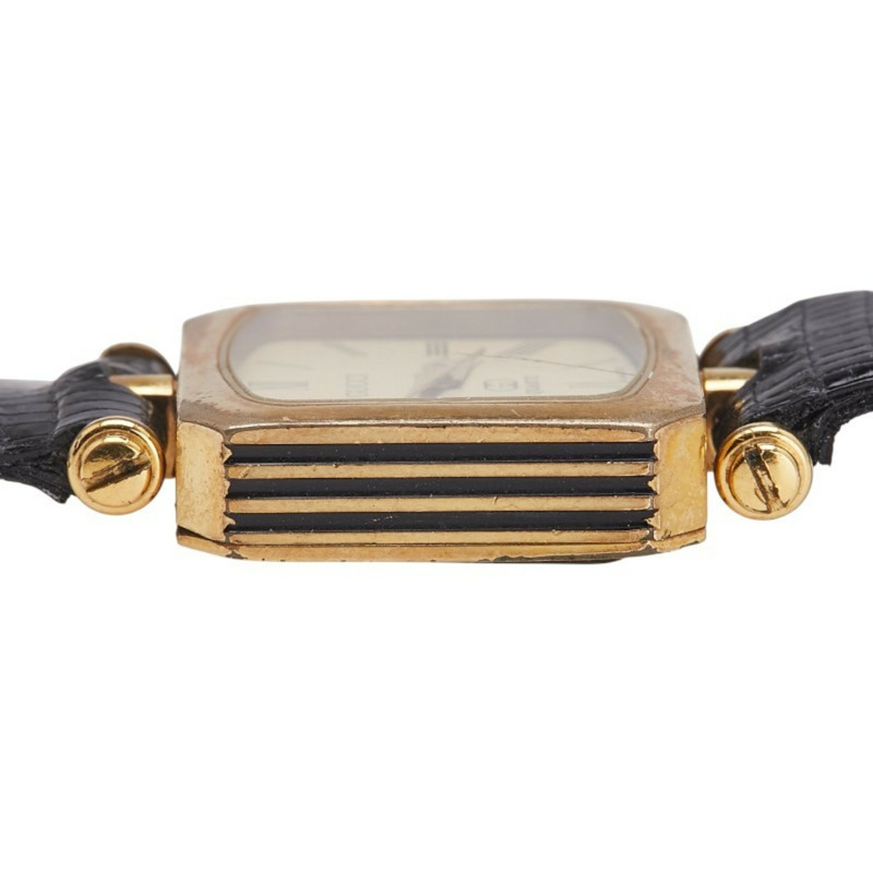 Gucci 女士石英腕錶，金色錶盤，不鏽鋼錶殼和皮革錶帶（非原廠）-5