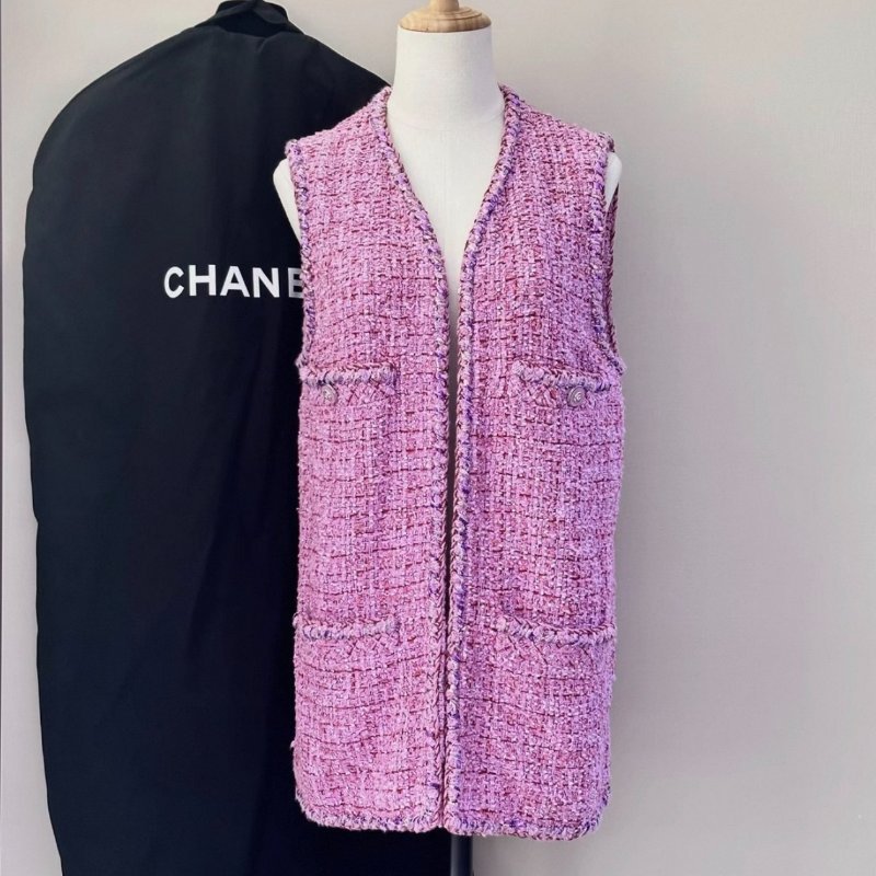 CHANEL 春夏粉色拼紫色編織長款背心外套34碼 肩寬31胸圍78衣長68 98新配件塵袋-0