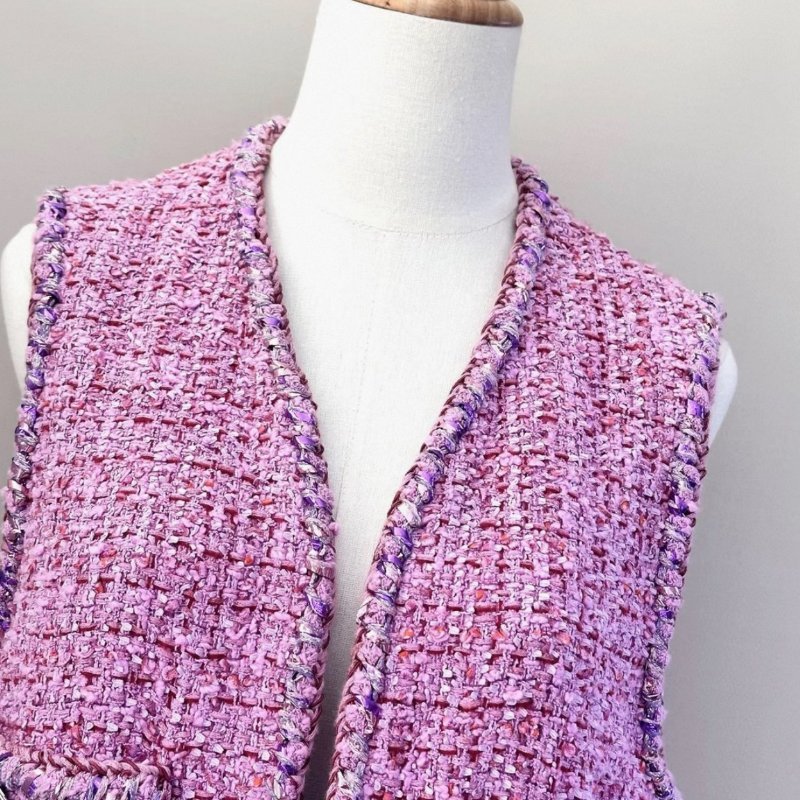 CHANEL 春夏粉色拼紫色編織長款背心外套34碼 肩寬31胸圍78衣長68 98新配件塵袋-1