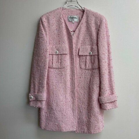 CHANEL 粉色粗花毛呢長款外套 38碼 99新配件塵袋