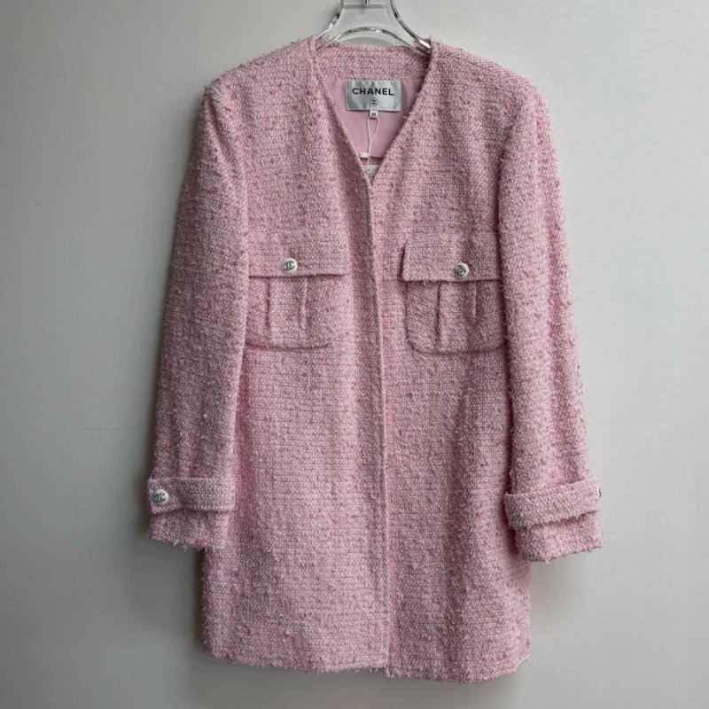 CHANEL 粉色粗花毛呢長款外套 38碼 99新配件塵袋-0