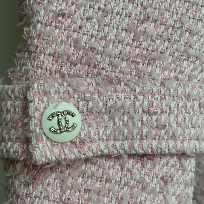 CHANEL 粉色粗花毛呢長款外套 38碼 99新配件塵袋-3
