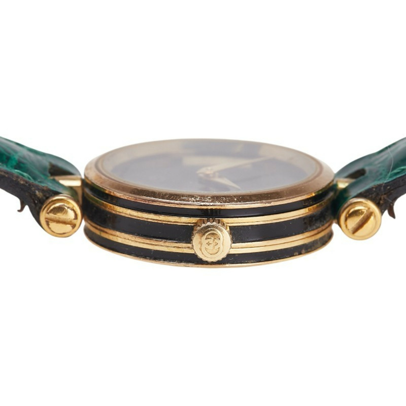 Gucci 女士石英腕錶，黑色錶盤，不鏽鋼錶殼搭配皮革錶帶-4