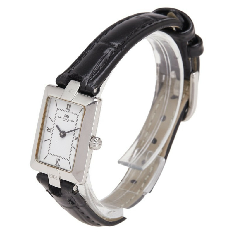 Balenciaga 女士石英腕錶，白色錶盤，不鏽鋼錶殼和皮革錶帶（非原廠）-1