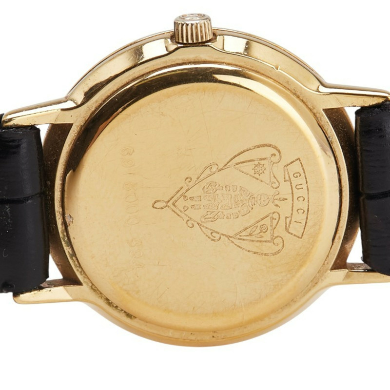 Gucci 女士石英腕錶，金色錶盤，不鏽鋼錶殼和皮革錶帶（非原廠）-3