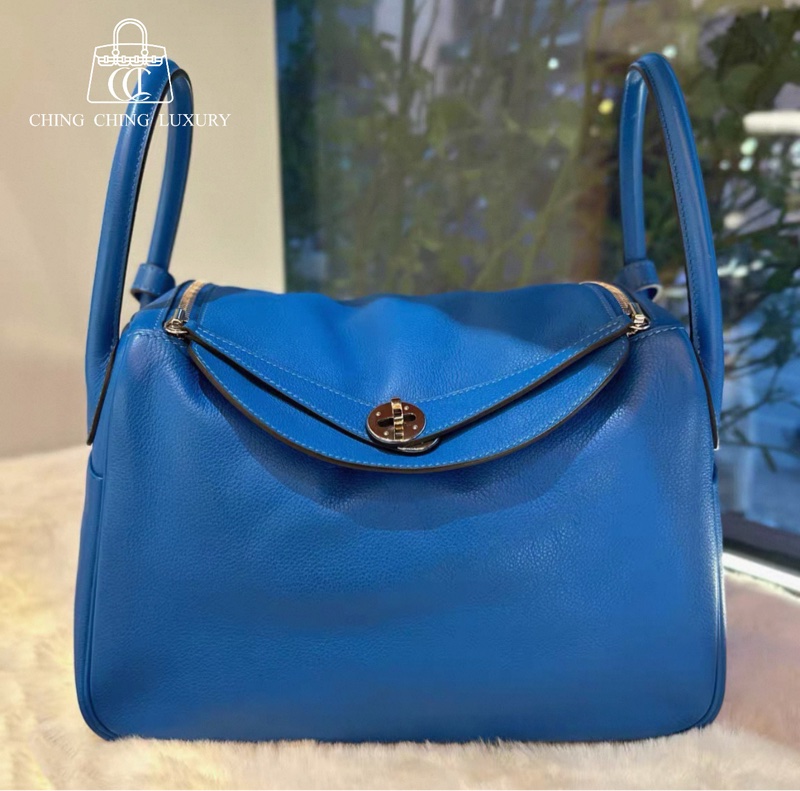 🌈Hermes💙Lindy 30💙希臘藍色銀扣🌈98新🌟Evercolor皮🌟-0