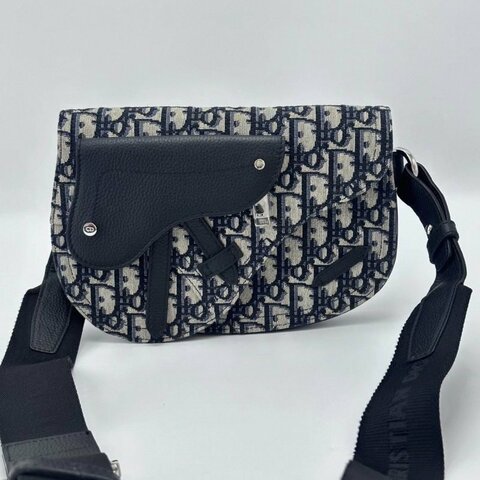 DIOR Saddle藍色老花拼皮手槍腰包 24*16*4 98新配件塵袋
