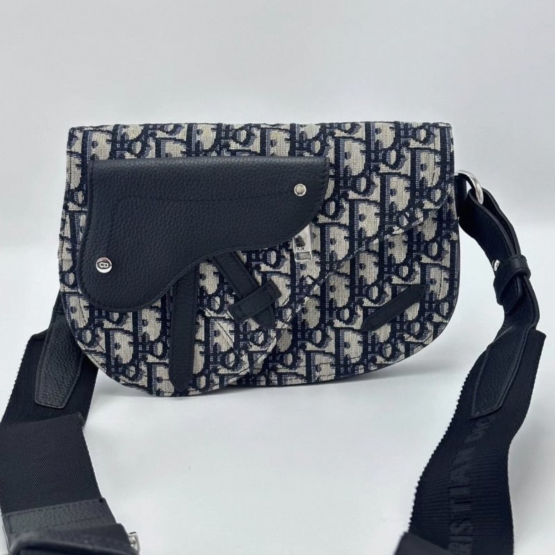 DIOR Saddle藍色老花拼皮手槍腰包 24*16*4 98新配件塵袋-0