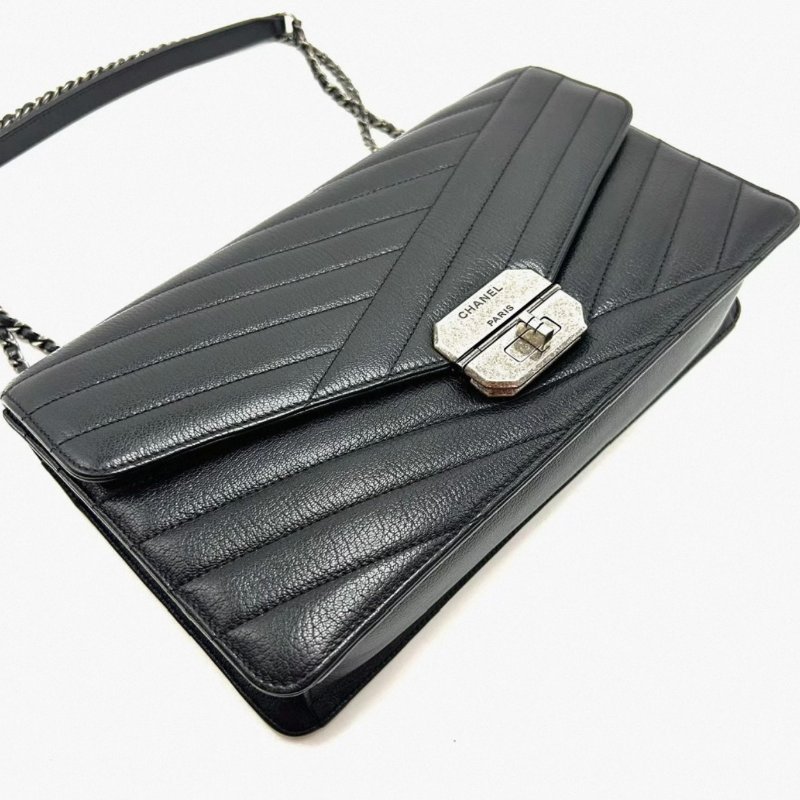 CHANEL 黑銀2.55系列肩背斜背郵差包30*17*7 98新配件塵袋保卡-1