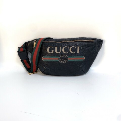 Gucci  黑色牛皮條紋織帶腰包