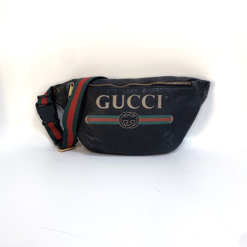 Gucci  黑色牛皮條紋織帶腰包-0