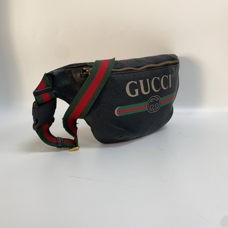 Gucci  黑色牛皮條紋織帶腰包-1