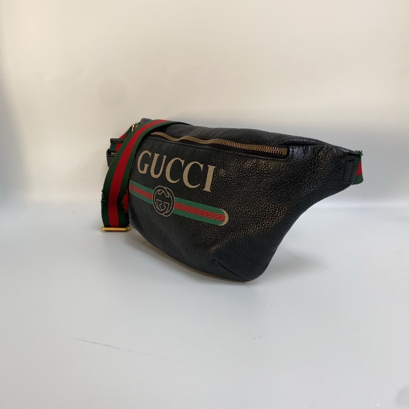 Gucci  黑色牛皮條紋織帶腰包-2