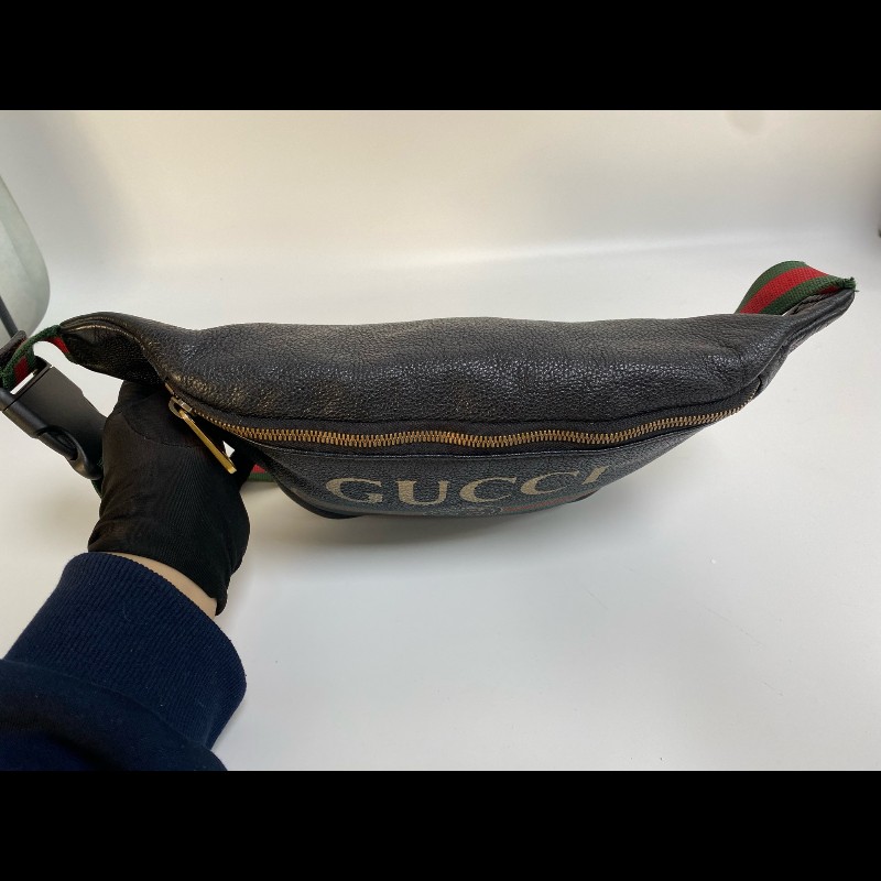 Gucci  黑色牛皮條紋織帶腰包-9