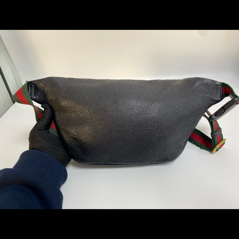 Gucci  黑色牛皮條紋織帶腰包-10