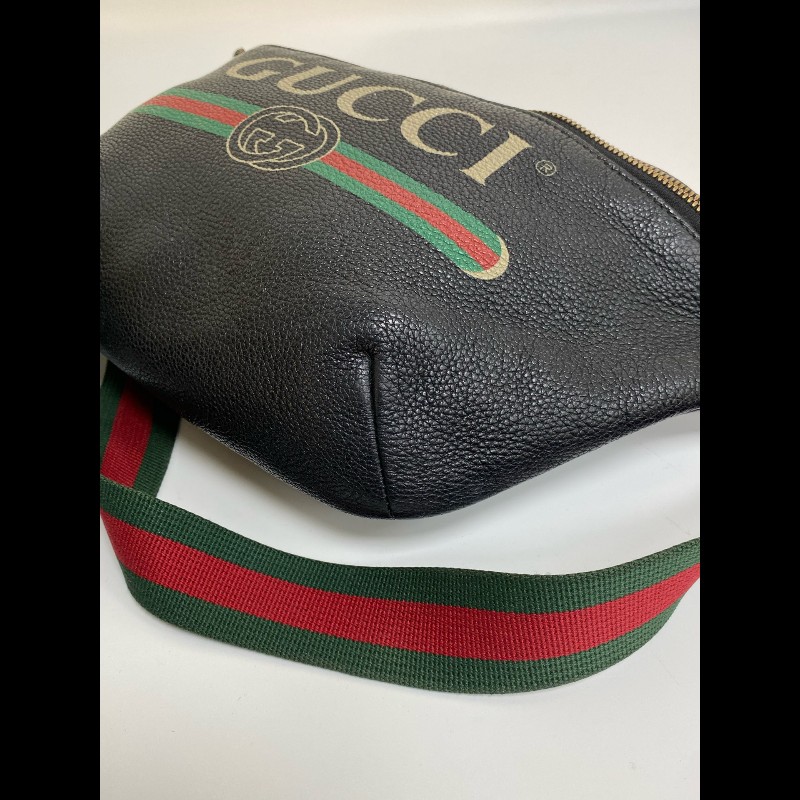 Gucci  黑色牛皮條紋織帶腰包-11