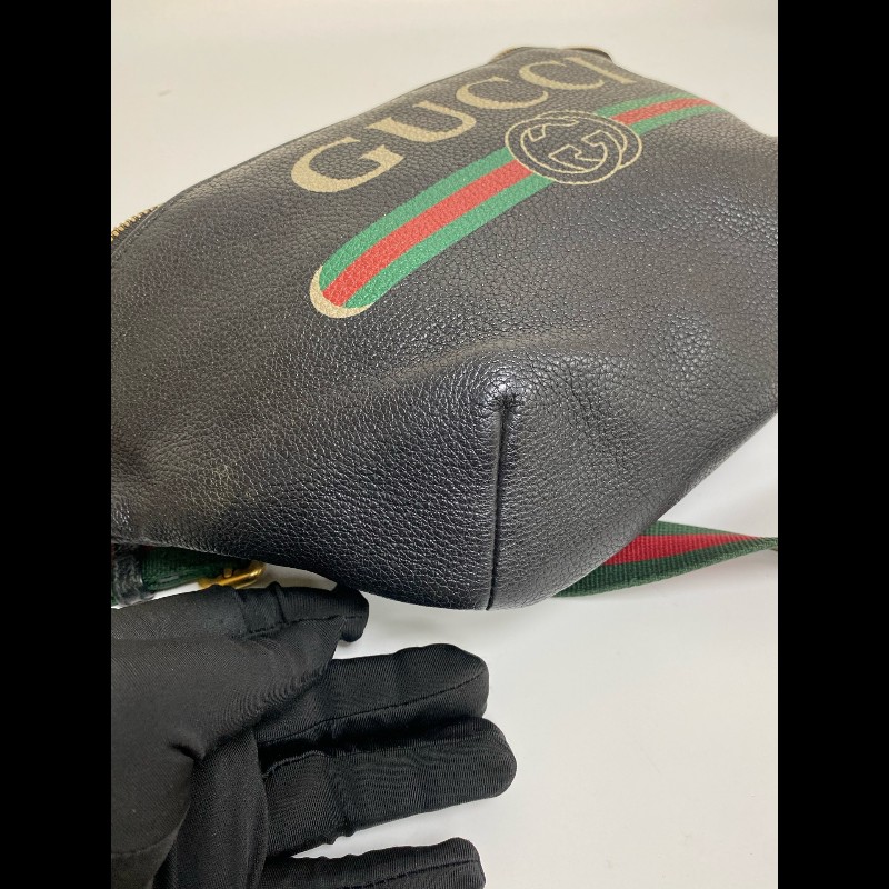 Gucci  黑色牛皮條紋織帶腰包-12