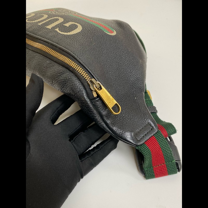 Gucci  黑色牛皮條紋織帶腰包-13