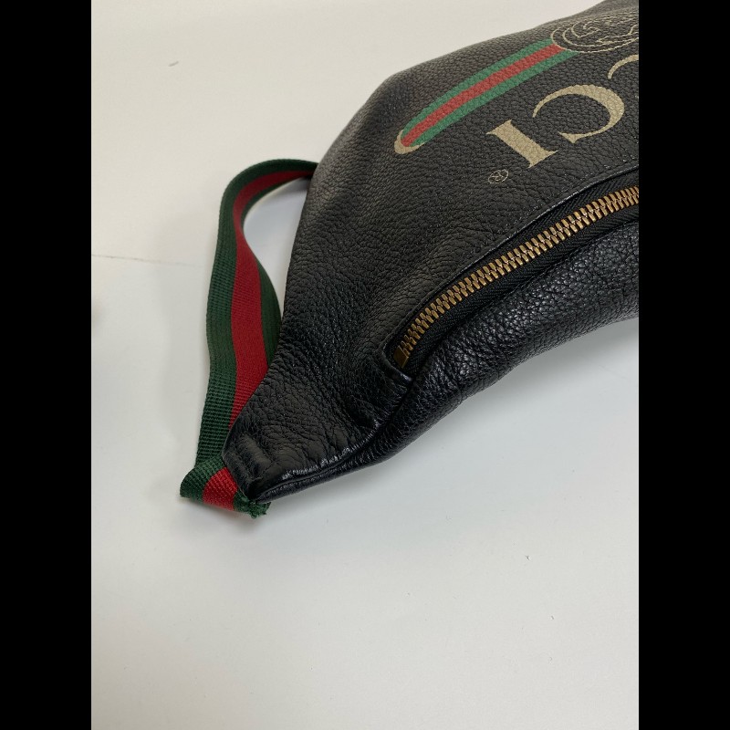 Gucci  黑色牛皮條紋織帶腰包-14