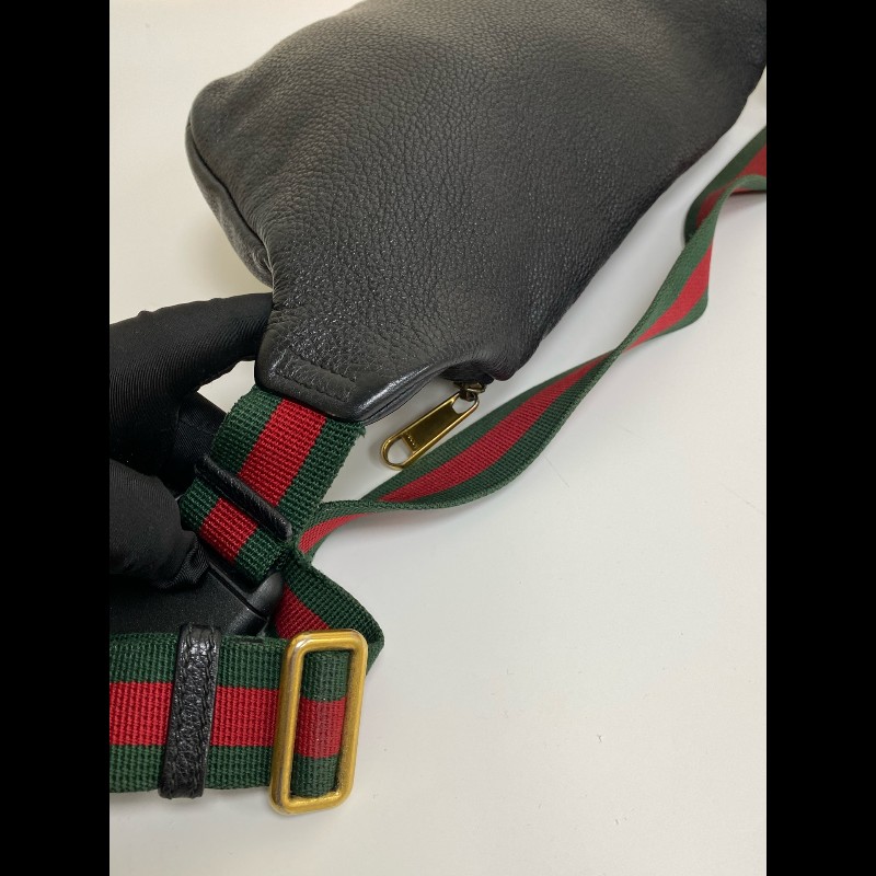 Gucci  黑色牛皮條紋織帶腰包-16