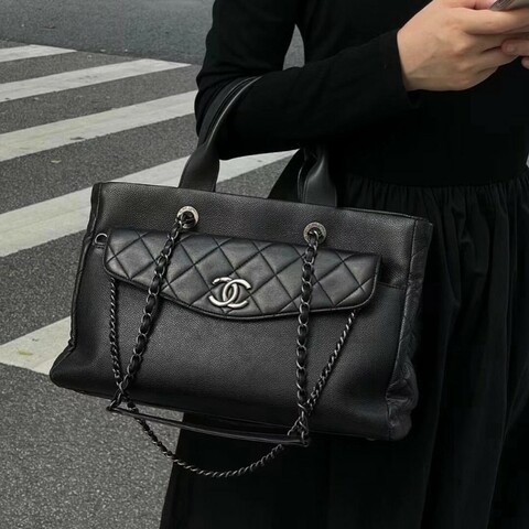 Chanel 黑銀荔枝牛皮tote二合一托特 手提包肩背包