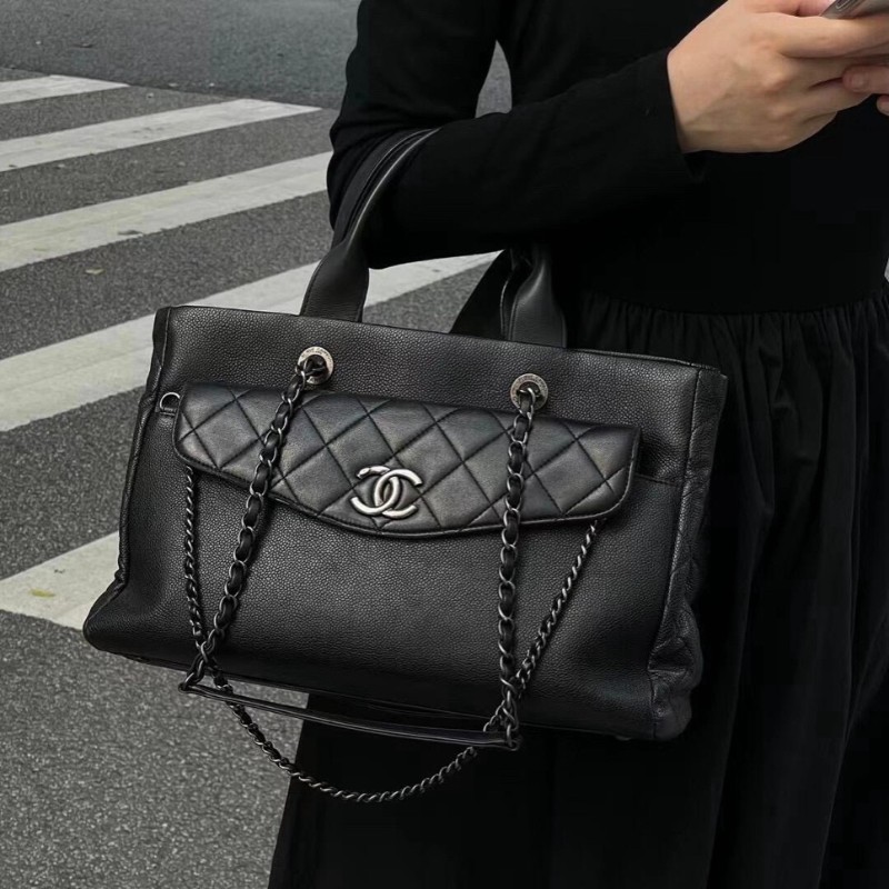 Chanel 黑銀荔枝牛皮tote二合一托特 手提包肩背包-0