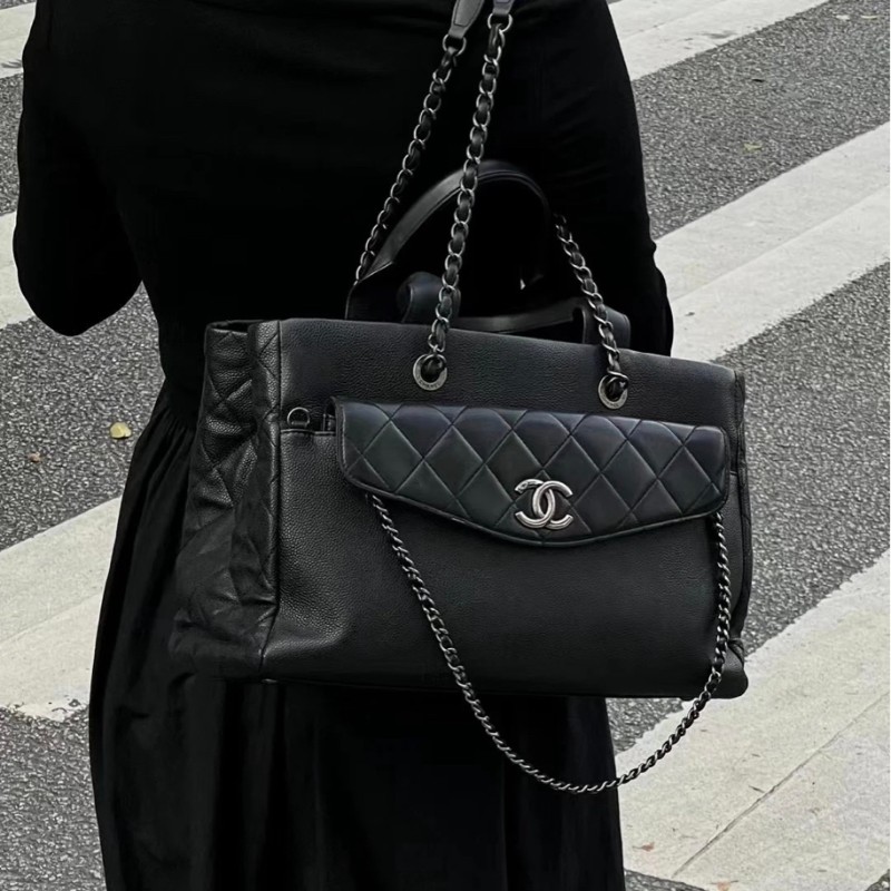 Chanel 黑銀荔枝牛皮tote二合一托特 手提包肩背包-1