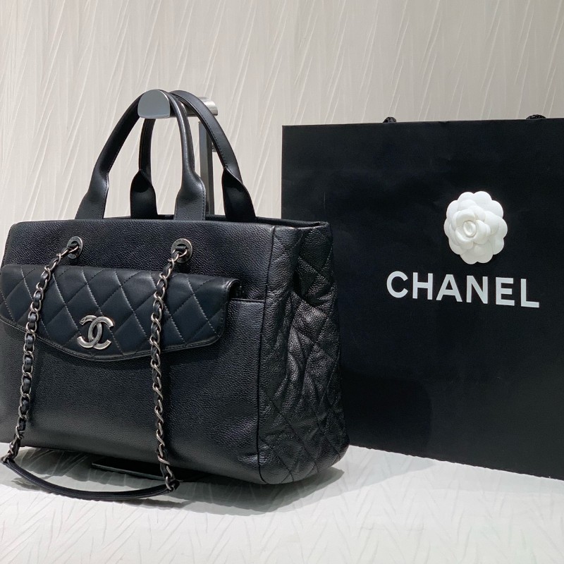 Chanel 黑銀荔枝牛皮tote二合一托特 手提包肩背包-4