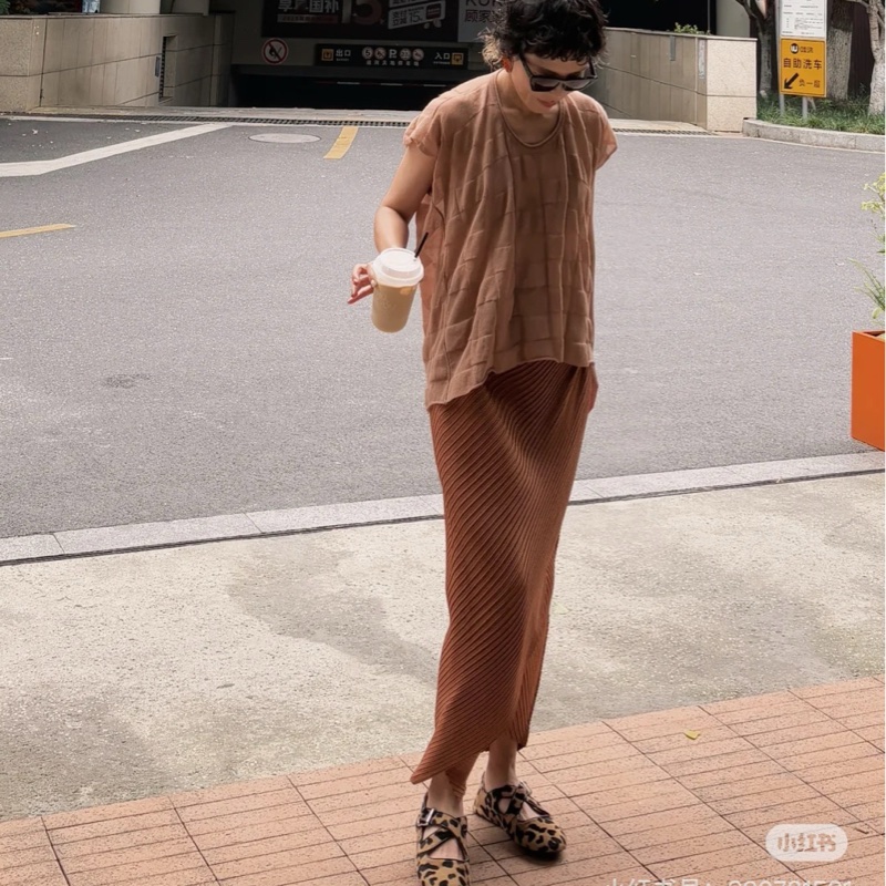 三宅一生 ISSEY MIYAKE 南瓜色長裙 🎃 經典氣質皺摺款-2