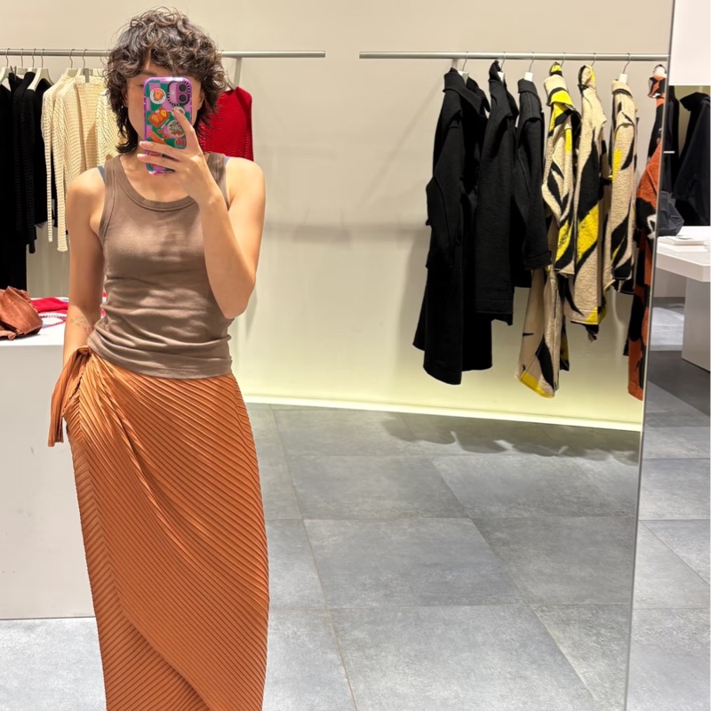 三宅一生 ISSEY MIYAKE 南瓜色長裙 🎃 經典氣質皺摺款-4