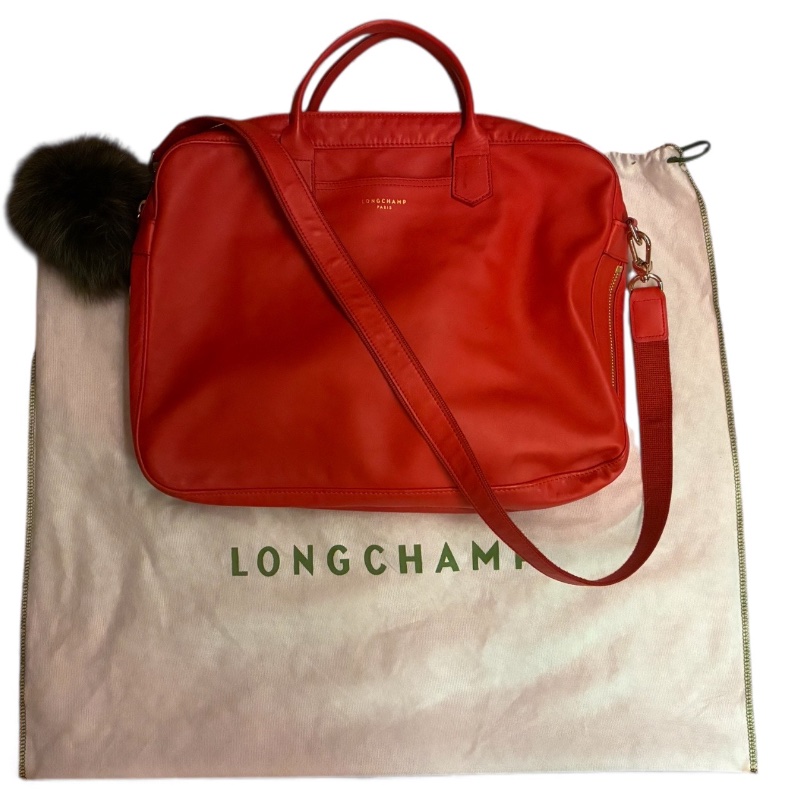 🛍️【Longchamp 橘紅真皮公事包/電腦包】型號1212888313 | 經典停產款 | 法國牛皮 | 底部擴充 | （選擇）贈毛球 | 附購證-0