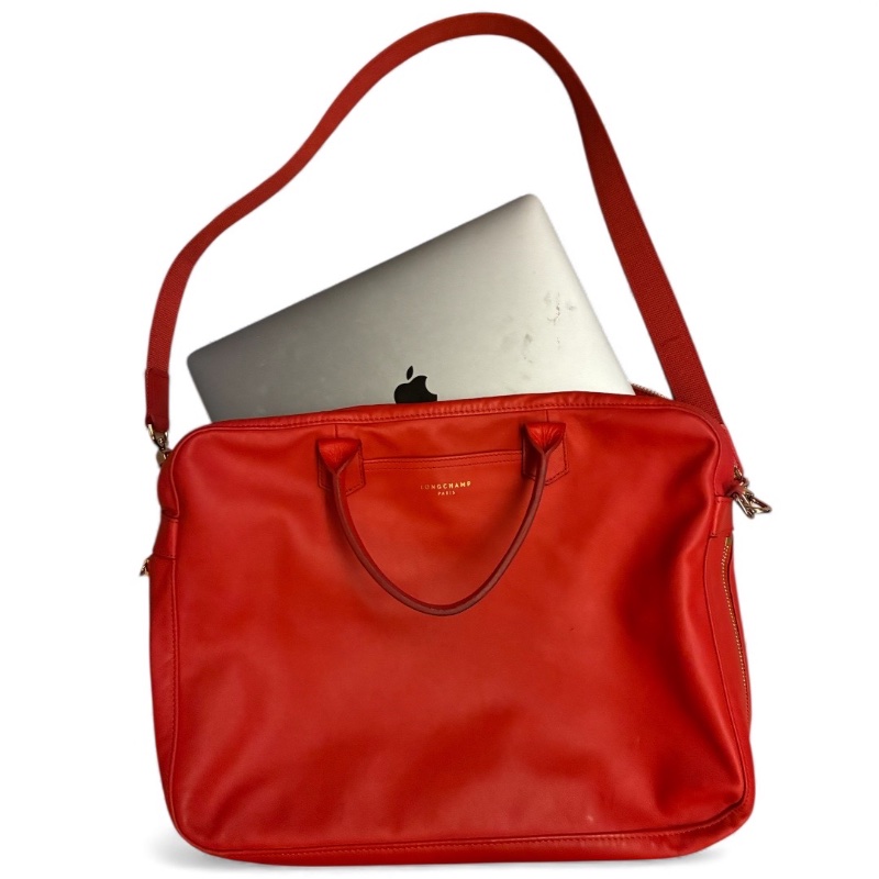 🛍️【Longchamp 橘紅真皮公事包/電腦包】型號1212888313 | 經典停產款 | 法國牛皮 | 底部擴充 | （選擇）贈毛球 | 附購證-5