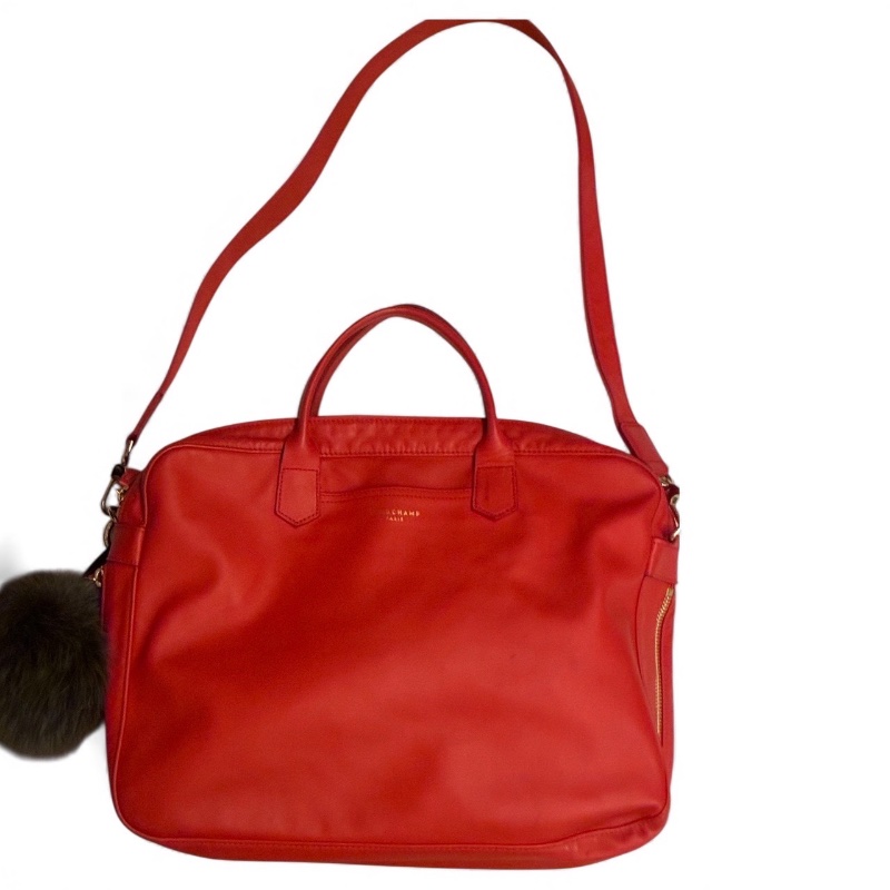 🛍️【Longchamp 橘紅真皮公事包/電腦包】型號1212888313 | 經典停產款 | 法國牛皮 | 底部擴充 | （選擇）贈毛球 | 附購證-6