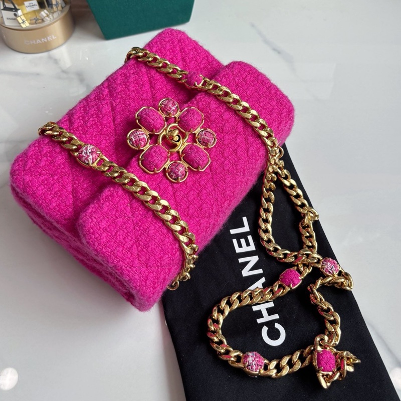 【近新閒置品】香奈兒Chanel 22K玫粉色粗花毛呢口蓋包 芯片款-0