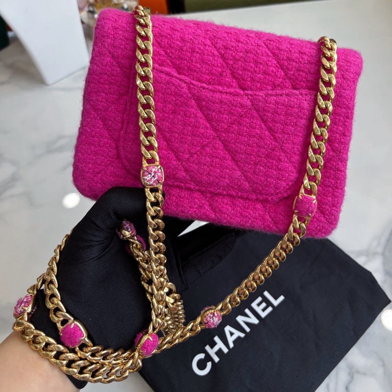 【近新閒置品】香奈兒Chanel 22K玫粉色粗花毛呢口蓋包 芯片款-2