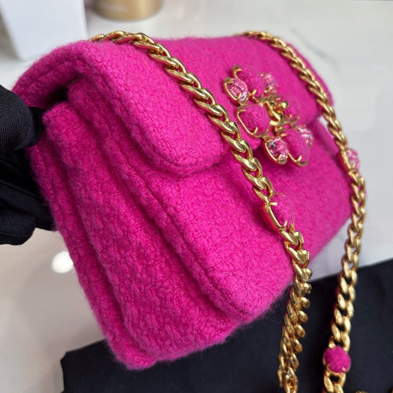 【近新閒置品】香奈兒Chanel 22K玫粉色粗花毛呢口蓋包 芯片款-5