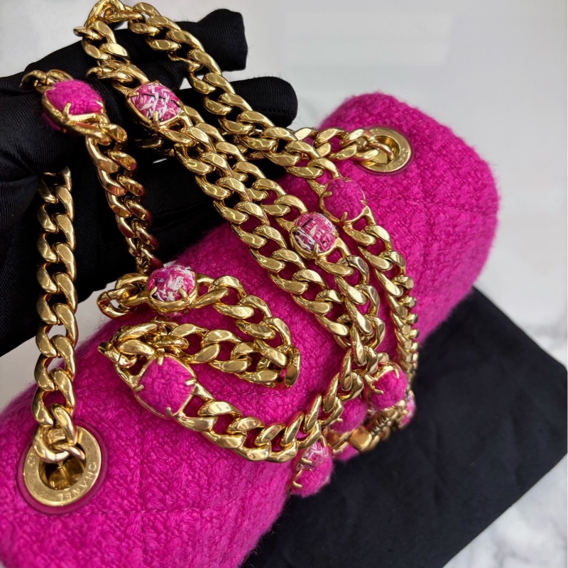 【近新閒置品】香奈兒Chanel 22K玫粉色粗花毛呢口蓋包 芯片款-7