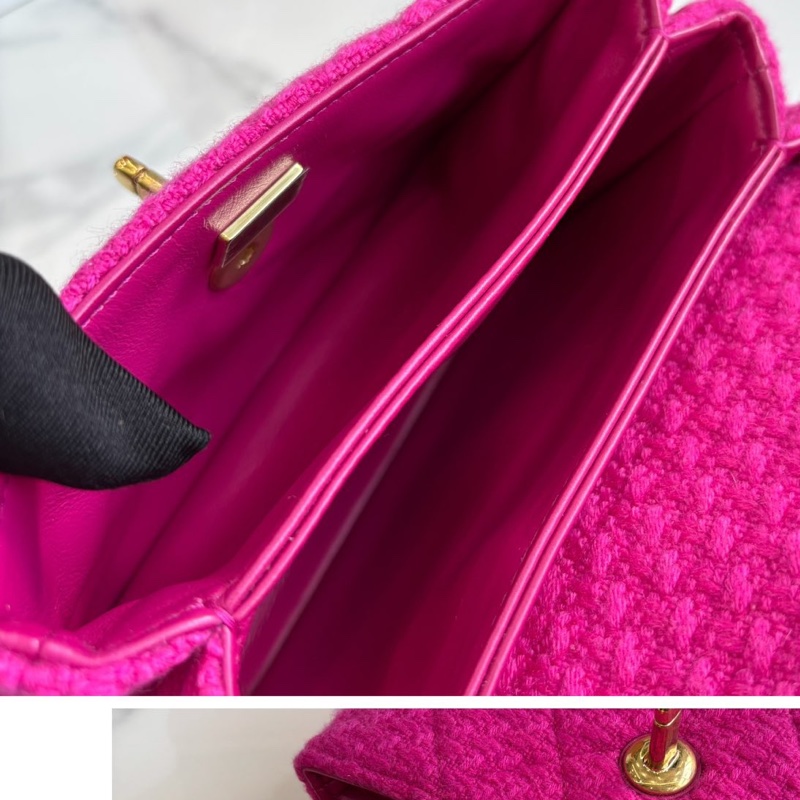 【近新閒置品】香奈兒Chanel 22K玫粉色粗花毛呢口蓋包 芯片款-9