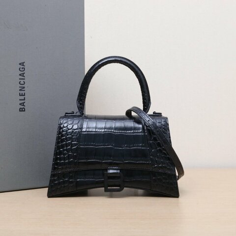BALENCIAGA 鱷魚壓紋Hourglass沙漏手袋S碼黑扣黑色牛皮肩背包