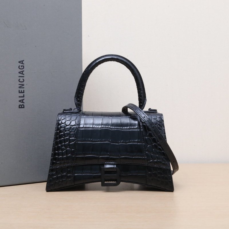 BALENCIAGA 鱷魚壓紋Hourglass沙漏手袋S碼黑扣黑色牛皮肩背包-0