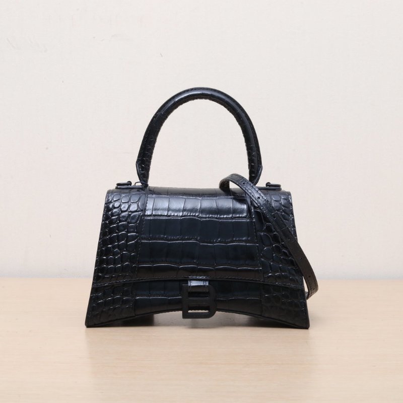 BALENCIAGA 鱷魚壓紋Hourglass沙漏手袋S碼黑扣黑色牛皮肩背包-1