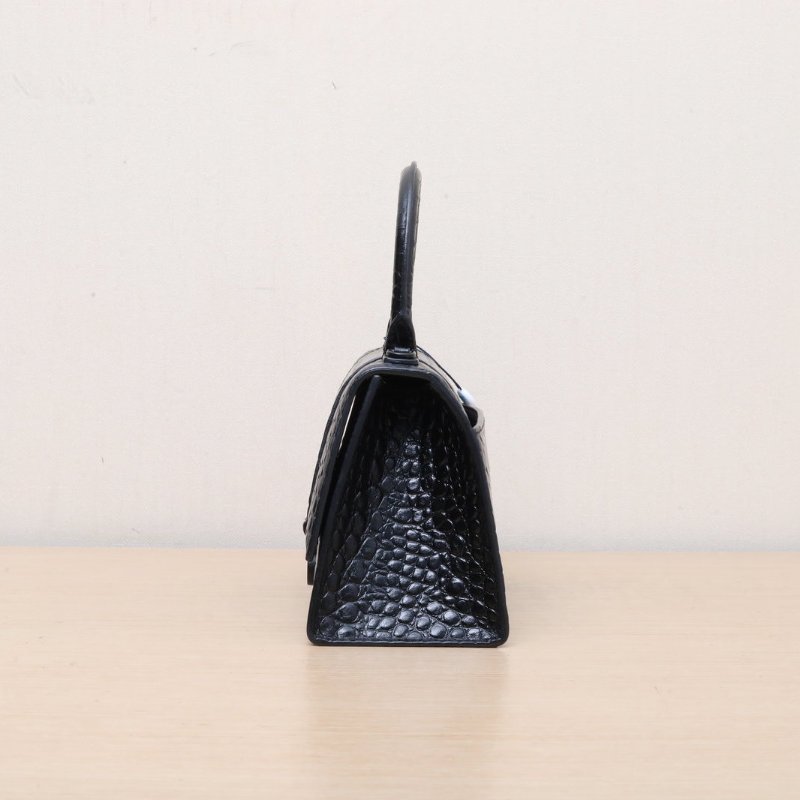 BALENCIAGA 鱷魚壓紋Hourglass沙漏手袋S碼黑扣黑色牛皮肩背包-2