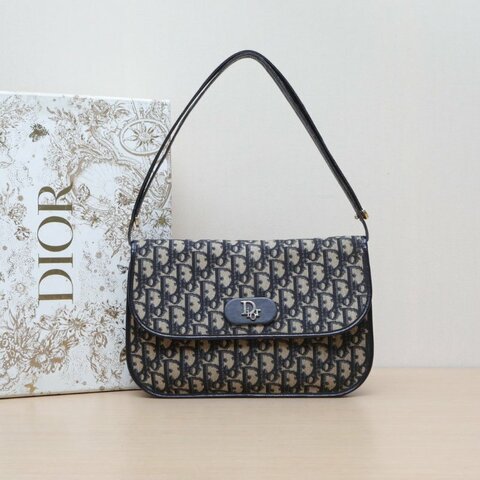 DIOR 墨藍色帆布金扣中古老花金標腋下包肩背包