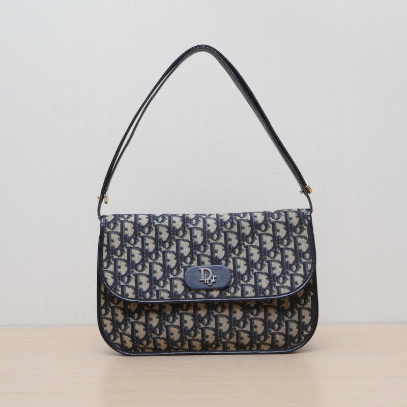 DIOR 墨藍色帆布金扣中古老花金標腋下包肩背包-1