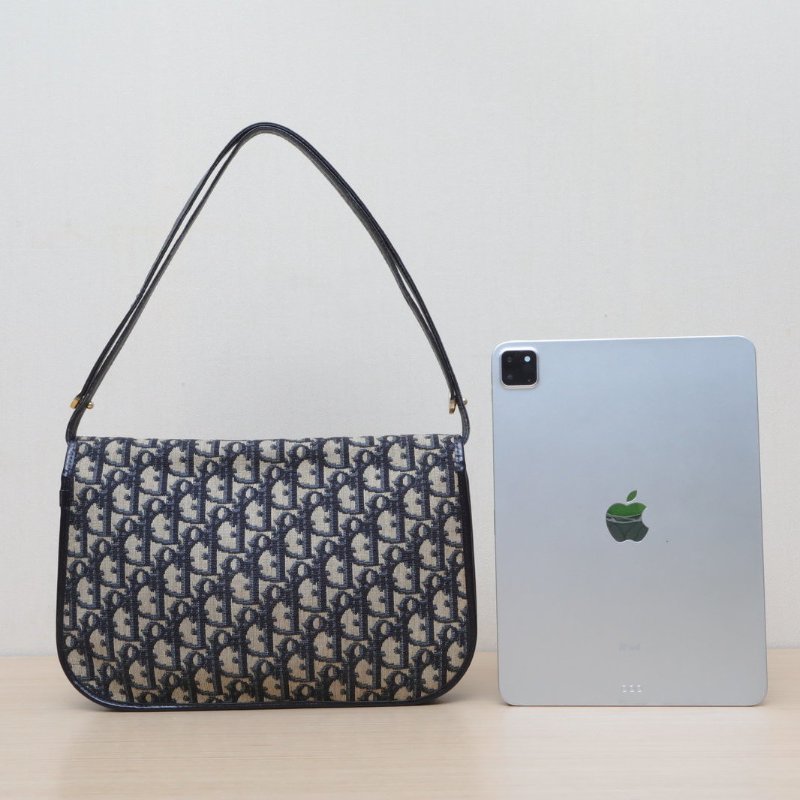 DIOR 墨藍色帆布金扣中古老花金標腋下包肩背包-4